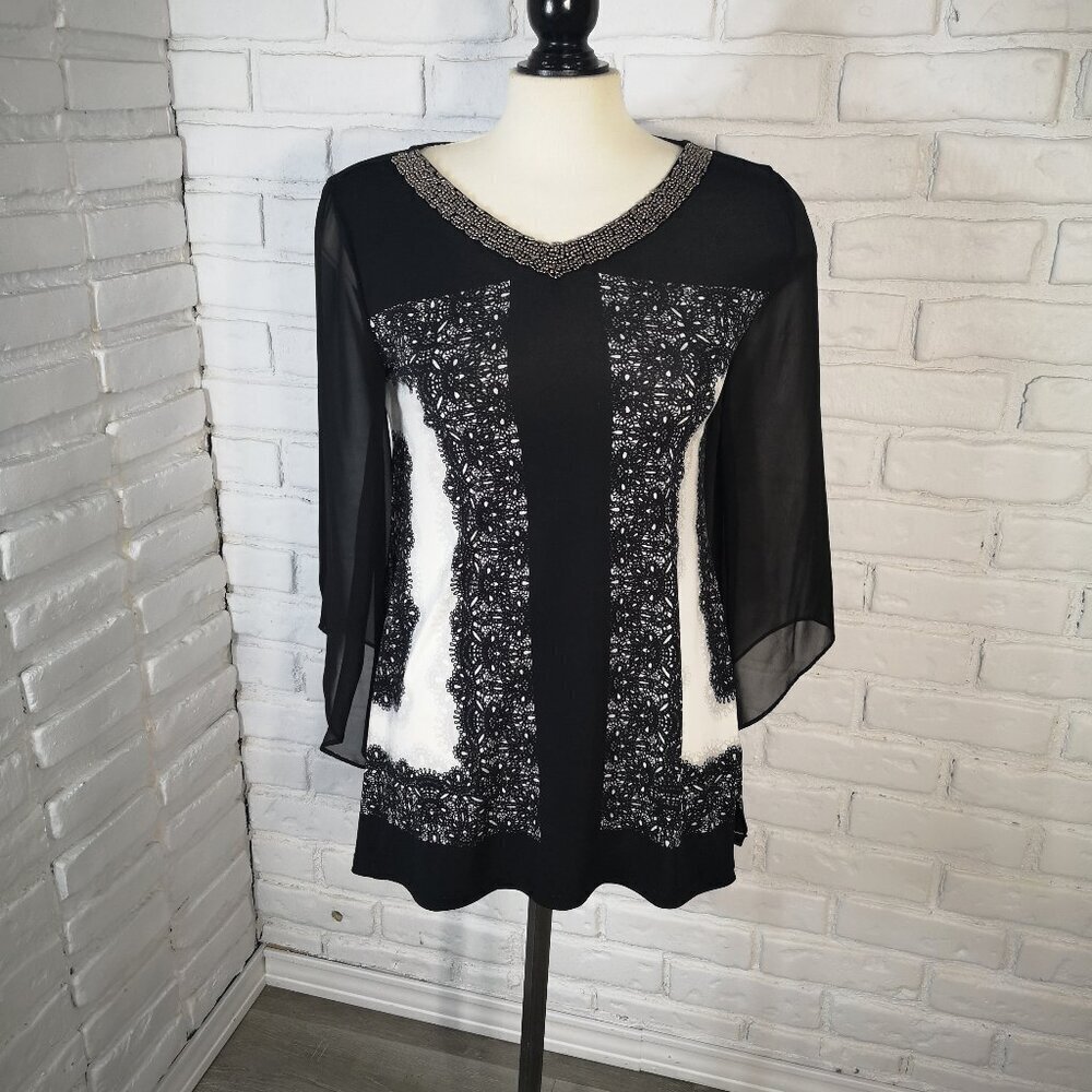 Alfani Petite Ladies Size Medium Petite Black & Ivory Patterned Tunic Length Top - Picture 1 of 10